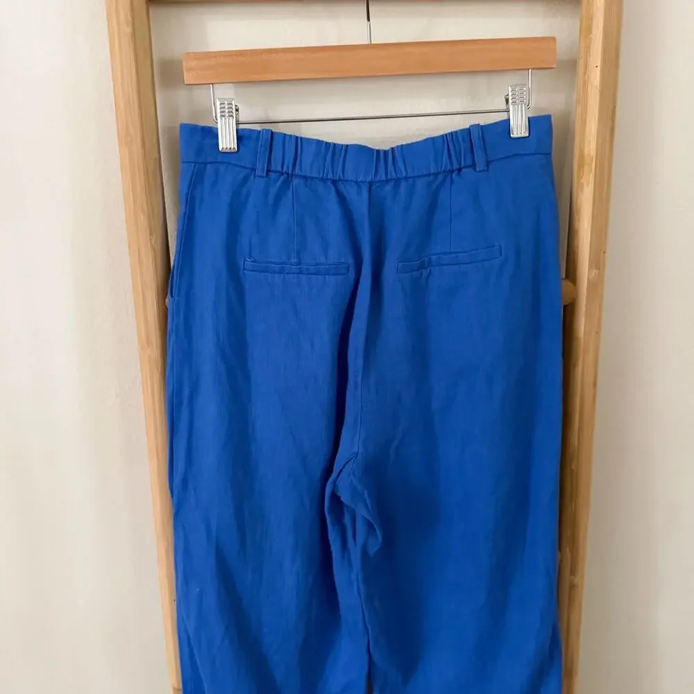 Mango 100% Linen Blue Elastic Back Slim Crop Pants Women US 4 EU 36